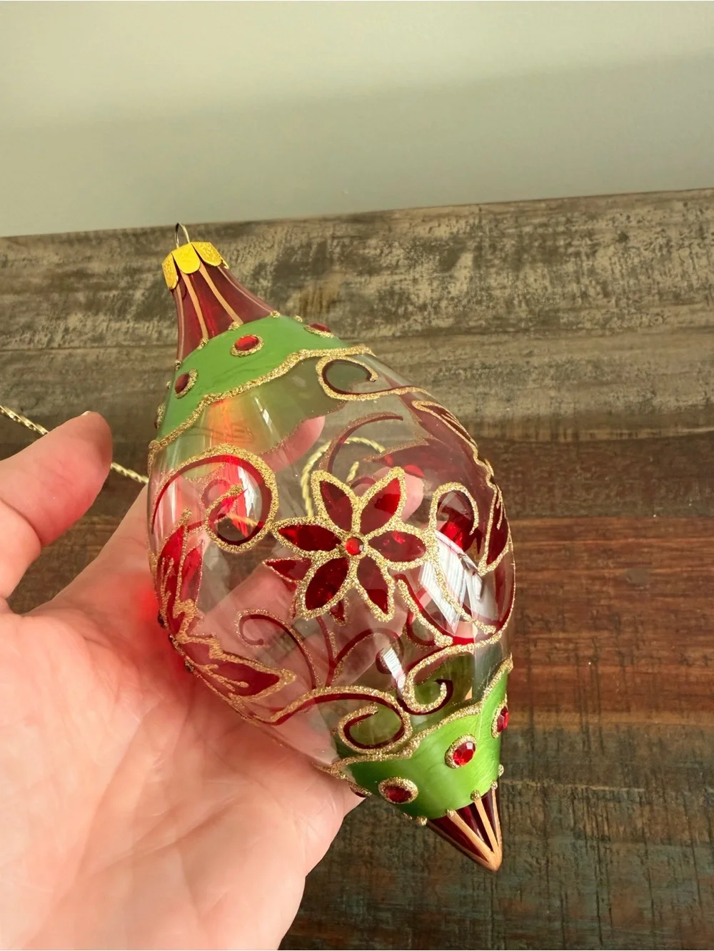 Vintage Style Glass Teardrop Poinsettia Christmas Ornament JS Mark- Excel. Cond.